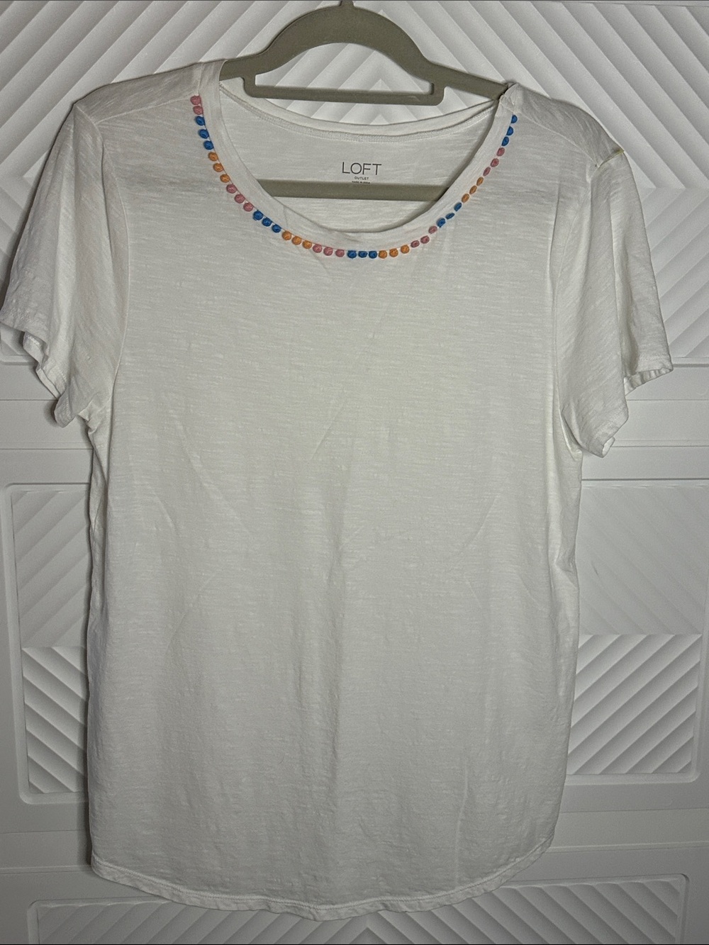 LOFT White Short Sleeve Tee with Multicolor Dot Neckline